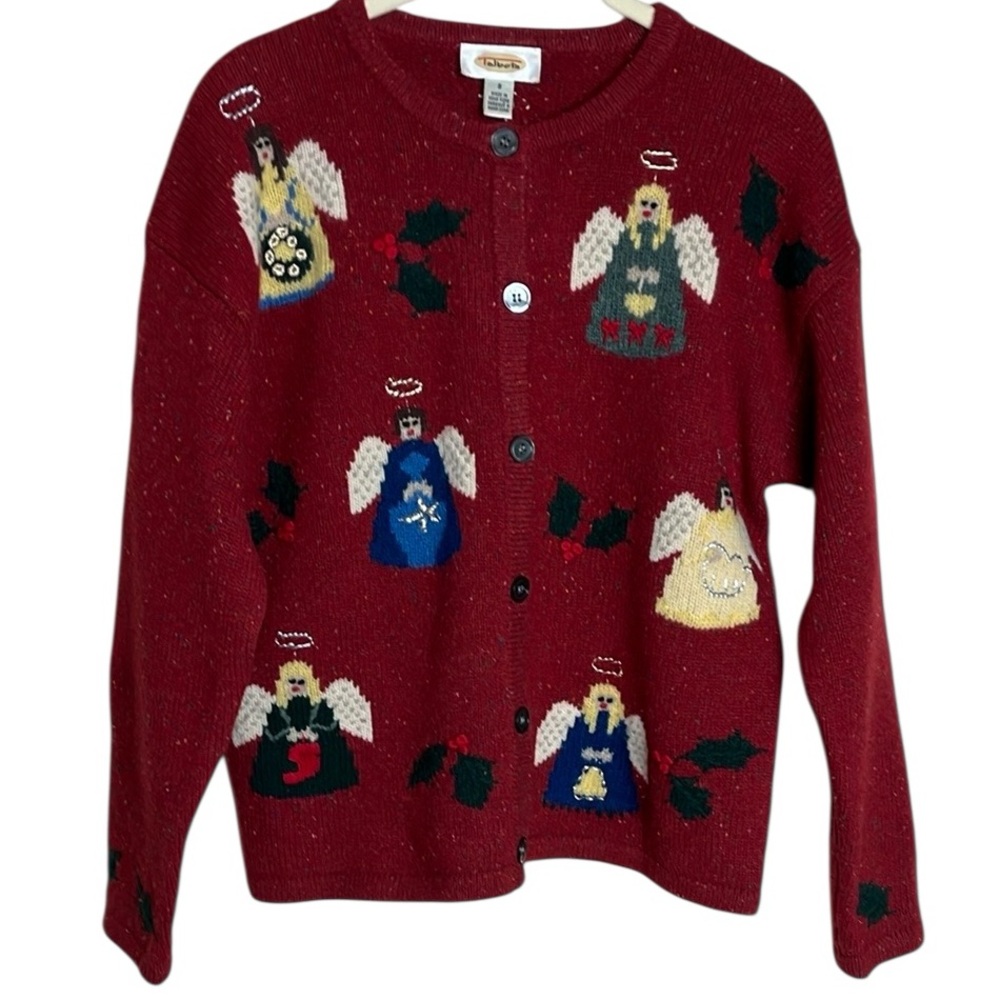 Vintage Talbots Red Wool Donegal Knit Holiday Cardigan Sweater Sz S